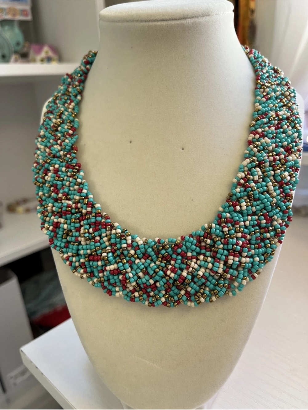 VTG Large Statement Bib Seed Beaded Woven Necklace Multicolor Handmade 17”